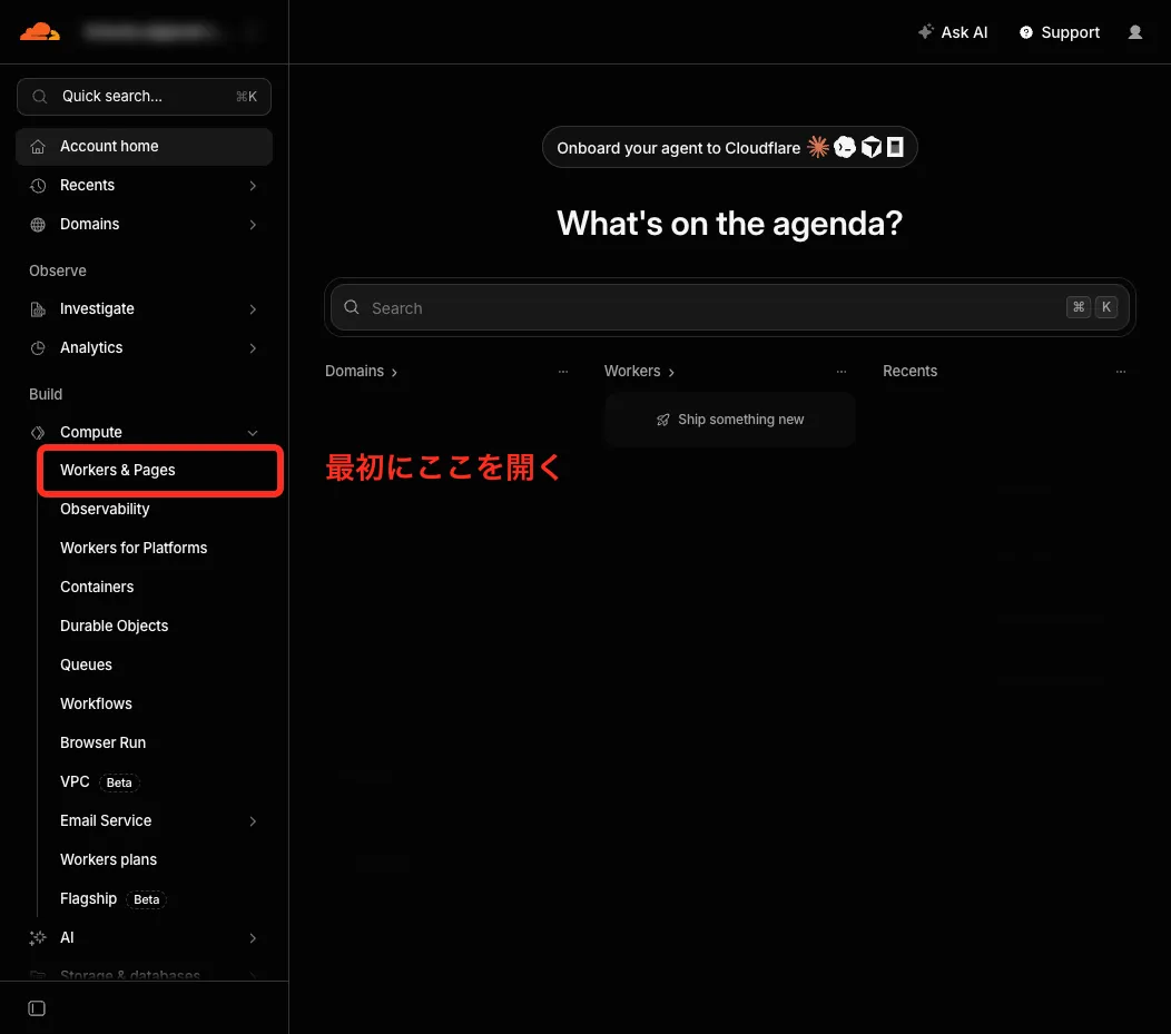 Cloudflareダッシュボードの左サイドバー。Build配下のCompute内にある「Workers &amp; Pages」を赤枠で囲み、「最初にここを開く」と注記している
