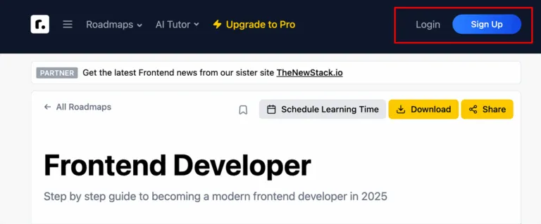 roadmap.shのヘッダー部分。右上のLoginとSign Upボタンが赤枠で強調されている