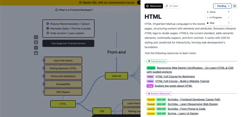 roadmap.shでHTMLの項目を開いた画面。右上にPending、Done、In Progress、Skipの選択肢が表示されている