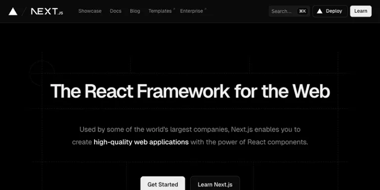 Next.js公式サイトのトップページ。「The React Framework for the Web」という見出しが表示されている