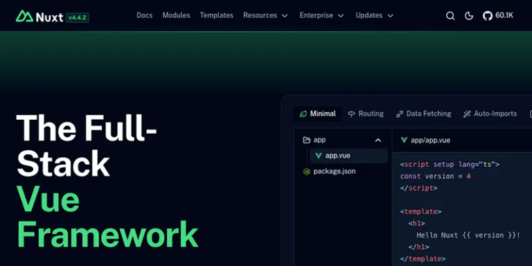 Nuxt公式サイトのトップページ。「The Full-Stack Vue Framework」という見出しと、app.vueのコード例が表示されている