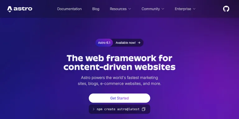 Astro公式サイトのトップページ。「The web framework for content-driven websites」という見出しが表示されている