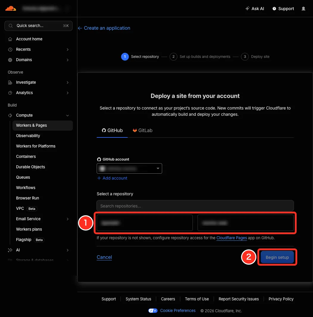 Cloudflare Pagesのリポジトリ選択画面。「Select a repository」の下に並ぶリポジトリ一覧を赤枠で囲んで丸数字の1、右下の「Begin setup」ボタンを赤枠で囲んで丸数字の2を付けている