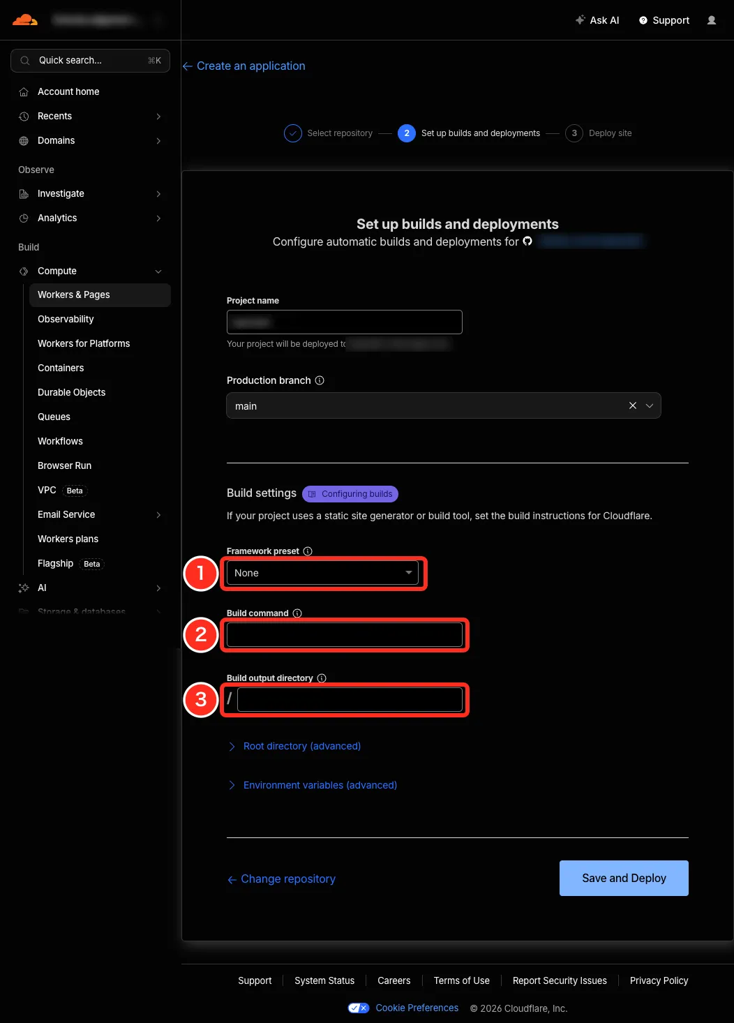 Cloudflare Pagesの「Set up builds and deployments」画面。Framework presetに丸数字の1、Build commandに丸数字の2、Build output directoryに丸数字の3を付けて赤枠で囲んでいる。Production branchはmain、下部にRoot directory (advanced)とEnvironment variables (advanced)の折りたたみ、右下にSave and Deployボタンがある
